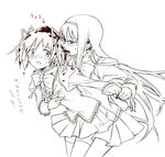  akemi_homura blush breast_grab chocolate food food_on_hair food_on_head grabbing hair_in_mouth hug hug_from_behind kaname_madoka long_hair mahou_shoujo_madoka_magica monochrome multiple_girls object_on_head shippori translated wrist_grab yuri 