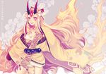  :d blonde_hair breasts cleavage fate/grand_order fate_(series) hizuki_mai horns ibaraki_douji_(fate/grand_order) japanese_clothes kimono long_hair looking_at_viewer oni open_mouth pointy_ears slit_pupils small_breasts smile solo tattoo teeth very_long_hair yellow_eyes yellow_kimono 