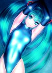  akahige aqua_eyes aqua_hair armpits elbow_gloves gloves hatsune_miku highleg highleg_swimsuit highres long_hair looking_at_viewer one-piece_swimsuit solo swimsuit turtleneck twintails vocaloid 