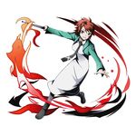  black_neckwear brown_eyes chiba_erika divine_gate dress fire full_body green_jacket grin holding jacket looking_at_viewer mahouka_koukou_no_rettousei necktie official_art red_hair shadow short_hair smile solo spiked_hair transparent_background ucmm white_dress 