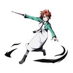  black_neckwear brown_eyes chiba_erika divine_gate dress full_body green_jacket holding jacket looking_at_viewer mahouka_koukou_no_rettousei necktie official_art red_hair shadow short_hair smile solo spiked_hair transparent_background ucmm white_dress 