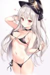  1girl bare_arms bare_shoulders bikini black_bikini black_choker black_hat black_wristband breasts choker collarbone commentary cowboy_shot front-tie_top girls_frontline groin halterneck hand_in_hair hand_up hat highres holding iron_cross kar98k_(girls_frontline) long_hair looking_at_viewer medium_breasts narae navel peaked_cap red_eyes side-tie_bikini simple_background solo standing stomach swimsuit untied untied_bikini very_long_hair white_background white_hair wristband 