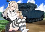  asuka_keisuke bandages bangs black_bow black_legwear black_neckwear black_skirt boko_(girls_und_panzer) bow bowtie brown_eyes casual caterpillar_tracks centurion_(tank) cloud cloudy_sky collared_shirt commentary day dirt_road embarrassed feet_out_of_frame girls_und_panzer grass ground_vehicle hair_ribbon holding holding_stuffed_animal layered_skirt light_brown_hair long_hair long_sleeves looking_at_viewer military military_vehicle motor_vehicle no_shoes open_mouth outdoors panties pantyshot ribbon shimada_arisu shirt side_ponytail sitting skirt sky solo striped striped_legwear stuffed_animal stuffed_toy suspender_skirt suspenders tank teddy_bear thighhighs twitter_username underwear wavy_mouth white_panties white_shirt 