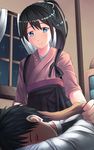  1girl admiral_(kantai_collection) black_hair blue_eyes chair closed_eyes curtains hair_ribbon hakama_skirt high_ponytail highres houshou_(kantai_collection) kantai_collection ribbon sleeping smile window yoake_no_koromo 