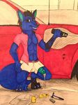  anthro big_penis blue_fur bossman1969 breasts car cleavage clothed clothing cum erection excessive_pre_cum fur green_penis herm intersex kangaroo kneeling leaking looking_at_viewer mammal marsupial penis poking_out precum traditional_media_(artwork) vehicle 