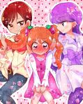  :&gt; blush earrings eyebrows_visible_through_hair food_themed_hair_ornament girl_sandwich hair_ornament holding_another's_hair jewelry kenjou_akira kirakira_precure_a_la_mode kotozume_yukari long_hair looking_at_another minchu multiple_girls orange_hair petals pink_eyes precure purple_eyes purple_hair red_eyes red_hair sandwiched short_hair smile strawberry_background strawberry_hair_ornament twintails usami_ichika 