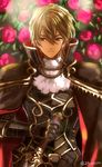  2900cm blonde_hair cape eltoshan_(fire_emblem) european_clothes fire_emblem fire_emblem:_seisen_no_keifu floral_background highres holding looking_at_viewer pauldrons 