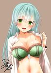  aqua_eyes aqua_hair bra breasts collarbone commentary_request dog_tags hair_ornament hairclip kantai_collection large_breasts long_hair open_clothes open_mouth open_shirt shirt signature simple_background sketch solo suzuya_(kantai_collection) underwear yua_(checkmate) 