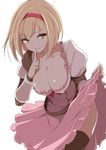  blonde_hair blush breasts brown_eyes collarbone djeeta_(granblue_fantasy) dress dress_lift fighter_(granblue_fantasy) granblue_fantasy hairband index_finger_raised large_breasts looking_at_viewer mutou_kurihito pink_dress pink_hairband puffy_short_sleeves puffy_sleeves short_hair short_sleeves simple_background solo thighhighs vambraces white_background 