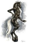  5_fingers anthro armpits athletic connychiwa dark_fur dark_skin equine full-length_portrait fur hair hooves horse long_hair male mammal pinup portrait pose side_view signature simple_background solo traditional_media_(artwork) watercolor_(artwork) white_mane white_tail 