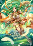  amiti armor belt breastplate brown_eyes cape castle copyright_name elbow_gloves elincia_ridell_crimea feathers fire_emblem fire_emblem:_souen_no_kiseki fire_emblem_cipher gloves green_hair hair_bun hair_up holding holding_weapon konfuzikokon looking_at_viewer official_art outdoors pauldrons pegasus pegasus_knight solo sword thighhighs tiara weapon wings 