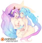  2girls ahri aqua_hair ass blue_eyes breast_grab league_of_legends long_hair looking_at_viewer multiple_girls nail_polish nipples nude open_mouth pepinoproject purple_hair short_hair sona_buvelle yuri 