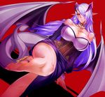  bare_shoulders breasts cleavage demon_girl demon_tail dutch_angle hair_over_one_eye hips horns large_breasts lilim_(monster_girl_encyclopedia) long_hair looking_at_viewer monster_girl_encyclopedia puropera_(puropera) purple_hair red_background simple_background sitting solo tail thighs very_long_hair 
