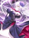  arm_up armpits artist_name bad_perspective bad_proportions bare_shoulders black_gloves black_legwear black_panties blush breasts center_opening choker cleavage dress dutch_angle elbow_gloves eyebrows_visible_through_hair fate/grand_order fate_(series) flower gloves grimace hair_between_eyes hair_flower hair_ornament jeanne_d'arc_(alter)_(fate) jeanne_d'arc_(fate)_(all) kousaki_rui large_breasts long_hair pale_skin panties purple_dress ribbon_choker signature silver_hair solo strapless strapless_dress thighhighs thorns underwear very_long_hair yellow_eyes 