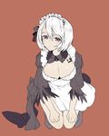  apron barcode barcode_tattoo bow breasts cleavage eyebrows eyelashes feather-trimmed_sleeves frills hair_between_eyes highres juliet_sleeves large_breasts lips long_sleeves maid maid_apron maid_headdress nier_(series) nier_automata no_blindfold orange_background pale_skin puffy_sleeves purple_eyes seiza shii_(luochen_xi) shiny shiny_skin short_hair simple_background sitting solo tattoo white_hair yorha_no._2_type_b 