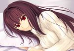  absurdres breasts fate/grand_order fate_(series) gu_li highres long_hair looking_at_viewer lying medium_breasts on_side pillow purple_hair red_eyes scathach_(fate)_(all) scathach_(fate/grand_order) smile solo sweater turtleneck turtleneck_sweater white_sweater 