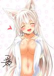  :d ^_^ animal_ear_fluff animal_ears arms_at_sides artist_name bangs blush breasts cleavage closed_eyes collarbone collared_shirt commentary_request dress_shirt eyebrows_visible_through_hair facing_viewer fang floral_background fox_ears fox_girl fox_tail hands_on_own_chest heart hips kohaku_(yua) large_breasts long_hair naked_shirt navel open_mouth original shiny shiny_skin shirt signature smile solo tail thick_eyebrows upper_body very_long_hair white_background white_hair white_shirt yua_(checkmate) 