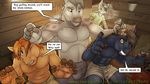 2017 5_fingers abs anthro biceps big_eyes biped black_fur black_nose brown_eyes brown_fur brown_hair brown_mane buck_(catastrophe) bulge cat cel_shading cheek_tuft clothed clothing coal_(catastrophe) comic curious cute day depth_of_field detailed_background dialogue digital_media_(artwork) english_text equine eye_through_hair eyebrows facial_markings faf farm feet feline food front_view fur fur_markings fur_tuft gesture group hair hair_over_eye happy hooved_fingers hooves horse humanoid_feet humanoid_hands hurricane_(catastrophe) innuendo inside kitchen larger_male light long_hair looking_at_another male mammal mane mane_hair manly markings meal milo_(catastrophe) multicolored_fur muscular muscular_male navel nipples open_mouth pecs raised_arm rear_view shirt shorts size_difference smaller_male smile snout speech_bubble spoon standing table teeth text text_box thick_eyebrows tight_clothing toes topless translucent_hair tuft two_tone_fur yellow_topwear 