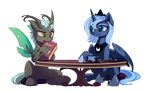  alpha_channel blue_eyes blue_fur blue_hair changeling duo equine eyelashes feathered_wings feathers friendship_is_magic fur hair horn magnaluna mammal my_little_pony princess_luna_(mlp) simple_background sitting smile transparent_background winged_unicorn wings yellow_eyes 