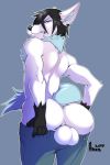  2018 angry anixis anthro backsack balls big_balls big_butt butt canid canine canis conditional_dnp fur hair looking_at_viewer male mammal mostly_nude simple_background solo wolf yuki_lin 