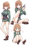  absurdres blush brave_witches breasts brown_hair commentary_request eating envelope green_eyes gun gundula_rall handgun highres large_breasts military military_uniform short_hair sitting smile solo spread_legs suzuki24 uniform weapon white_background world_witches_series 