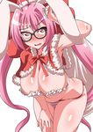  ahoge alternate_costume animal_ears armpits bangs bare_shoulders black-framed_eyewear blush bow bowtie breasts bunny_ears capelet cleavage commentary_request cowboy_shot di_gi_charat fur_trim glasses hat ikue_fuuji large_breasts leaning_forward long_hair looking_at_viewer nose_blush panties parted_lips pink_hair red_bow red_eyes red_neckwear revealing_clothes sack santa_hat smile solo striped striped_panties twintails underwear usada_hikaru very_long_hair 