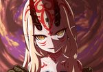  &gt;:) bare_shoulders blonde_hair collarbone commentary_request earrings evil_smile facial_mark fang fate/grand_order fate_(series) forehead_mark head_tilt horns ibaraki_douji_(fate/grand_order) ikue_fuuji jewelry long_hair looking_at_viewer oni_horns parted_lips pointy_ears portrait sidelocks smile solo tattoo third_eye tsurime v-shaped_eyebrows yellow_eyes 