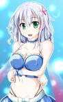  :d amagi_brilliant_park bikini_top blue_hair blue_skirt breast_hold breasts choker cleavage collarbone commentary_request covered_nipples crossed_arms frilled_choker frills green_eyes groin hair_between_eyes hair_ornament halter_top halterneck highres large_breasts looking_at_viewer muse_(amaburi) nanaume_(shichimi_tougarashi) navel open_mouth skirt smile solo stomach upper_body 