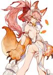  absurdres animal_ears apron ass bangs bell bell_collar blush bow breasts carrot_print cat_hair_ornament claws collar fang fate/extra fate/grand_order fate_(series) food_print fox_ears fox_tail frills from_behind gloves hair_between_eyes hair_ornament hair_ribbon highres jingle_bell leg_garter long_hair looking_at_viewer looking_back maid_headdress medium_breasts naked_apron no_panties open_mouth paw_gloves paws pink_hair ponytail red_ribbon ribbon ribbon_trim rosette_(yankaixuan) sideboob simple_background solo tail tamamo_(fate)_(all) tamamo_cat_(fate) white_background white_bow yellow_eyes 