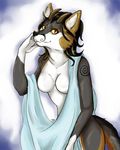  anthro breasts canine featureless_breasts female fur hair horn looking_at_viewer mammal mishabahl smile solo 