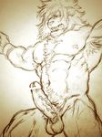  abs anthro armpits balls biceps big_muscles chest_tuft clenched_teeth ekumaru erection fangs feline fur lion low-angle_view male mammal muscular muscular_male nipples nude pecs penis simple_background solo teeth tuft vein veiny_penis 