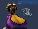  2017 3d_(artwork) anthro anthroanim big_breasts breasts clothing dialogue digital_media_(artwork) dragon english_text female horn huge_breasts looking_at_viewer milenth_drake simple_background smile solo speech_bubble text 