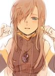  1girl bare_shoulders blue_eyes blush breasts brown_hair dress elbow_gloves gloves hair_over_one_eye long_hair luke_fon_fabre necklace open_mouth tales_of_(series) tales_of_the_abyss tear_grants 