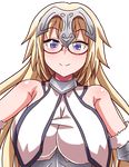  bangs bare_shoulders bespectacled blonde_hair blue_eyes blush breasts closed_mouth commentary_request fate/apocrypha fate/grand_order fate_(series) faulds glasses headpiece ikue_fuuji jeanne_d'arc_(fate) jeanne_d'arc_(fate)_(all) large_breasts long_hair looking_at_viewer red-framed_eyewear semi-rimless_eyewear smile solo under-rim_eyewear upper_body 
