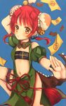  @nyannyan bell chinese_clothes double_bun dragon_tail fighting_stance highres leg_up magical_girl mahou_shoujo_ikusei_keikaku mahou_shoujo_ikusei_keikaku_restart midriff navel ofuda ramune_(ramuuu_maro) red_hair short_hair solo tail 