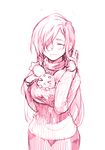  blush breasts cleavage_cutout eyes_closed hair_over_one_eye mieu monochrome open_mouth pink skirt sweater tales_of_(series) tales_of_the_abyss tear_grants very_long_hair 