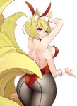  1girl animal_ears arms_at_sides arms_up ass back backless_leotard bangs bare_back bare_shoulders blonde_hair borrowed_character breasts bunny_ears bunnysuit commentary commission extra_arms eyeshadow fake_animal_ears fishnet_pantyhose fishnets fox_ears fox_girl fox_tail from_behind hair_between_eyes halphelt hands_on_own_head large_breasts leotard looking_at_viewer looking_back makeup multiple_tails one_eye_closed original pantyhose parted_lips red_leotard seamed_legwear seductive_smile short_hair sideboob simple_background smile solo strapless strapless_leotard tail thighs white_background wrist_cuffs 