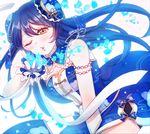  blue_hair blush brown_eyes chinese_dress gloves kiss long_hair love_live!_school_idol_festival sonoda_umi twin_buns wink 