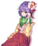  asuzemu bangs blunt_bangs bow cowboy_shot floral_print flower frilled_sleeves frills hair_bow hair_flower hair_ornament hieda_no_akyuu highres japanese_clothes kimono layered_clothing looking_at_viewer purple_eyes purple_hair red_bow red_skirt simple_background skirt smile solo tassel touhou white_background wide_sleeves 
