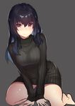  1girl arched_back black_sweater blue_hair blush breast_press breasts brown_eyes framing_breasts full_body grey_background hair_over_shoulder highres kagematsuri large_breasts leaning_forward long_hair looking_at_viewer mole mole_under_eye original ribbed_sweater seiza simple_background sitting smile solo sweater sweater_dress v_arms 