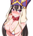  bead_necklace beads bikini black_hair blush breasts cleavage closed_mouth commentary_request earrings fate/grand_order fate_(series) hair_between_eyes hat hoop_earrings ikue_fuuji jewelry large_breasts long_hair looking_at_viewer micro_bikini necklace nose_blush prayer_beads purple_eyes solo sweat swimsuit upper_body wavy_mouth xuanzang_(fate/grand_order) 