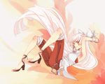  adapted_costume arms_behind_head backless_outfit breasts chain collared_shirt fujiwara_no_mokou full_body high_heels highres long_hair looking_at_viewer pants pants_rolled_up red_eyes shirt small_breasts solo souta_(karasu_no_ouchi) touhou very_long_hair white_hair wrist_cuffs 