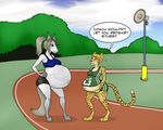  anthro belly big_belly blue_eyes breasts cheetah clothed clothing duo equine feline horse mammal outside pregnant riddleaugust track 