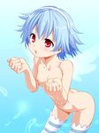  1girl ass blue_background blue_hair blush breasts feathers female gradient gradient_background hair_ornament hairband hawawani navel nipples nude open_mouth red_eyes short_hair small_breasts solo standing striped striped_legwear thighhighs tokyo_libido usahane_air wings 