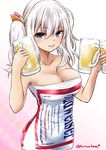  alcohol bare_arms bare_shoulders beer beer_mug blue_eyes breasts budweiser cleavage collarbone cup dress holding holding_cup kantai_collection kashima_(kantai_collection) kuroba_dam large_breasts long_hair product_placement silver_hair smile solo tsurime twitter_username two_side_up 