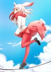  :o balancing bird_tail blue_sky cloud day frilled_sleeves frills from_below from_side full_body fur_collar half-closed_eyes head_wings highres japanese_crested_ibis_(kemono_friends) kemono_friends leg_up legs long_sleeves looking_at_viewer mame_jirushi mary_janes multicolored_hair open_mouth pantyhose pleated_skirt red_legwear red_skirt shoes short_hair_with_long_locks skirt sky solo thighhighs two-tone_hair white_hair wide_sleeves yellow_eyes 