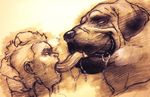  anthro black_nose canine claws cum digital_media_(artwork) dog duo ekumaru extreme_french_kiss fangs human long_tongue male mammal saliva simple_background tongue 