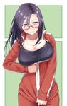  bad_id bad_pixiv_id black_hair blush breasts cleavage collarbone commentary_request cowboy_shot demi-chan_wa_kataritai flying_sweatdrops glasses hair_between_eyes inconvenient_breasts jacket large_breasts long_hair long_sleeves pants purple_eyes r-choco red-framed_eyewear satou_sakie semi-rimless_eyewear solo track_jacket track_pants under-rim_eyewear zipper 