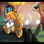  armor blush breasts disembodied_hand dracojeff embarrassed eyewear female forest glasses invalid_tag kommo-o male_to_female nintendo pok&eacute;mon post rear_end rubbing squish transformation tree video_games 