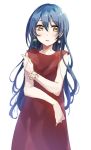  1girl bangs blue_hair blush bracelet chiigo commentary_request cowboy_shot dress earrings eyebrows_visible_through_hair hair_between_eyes jewelry long_hair looking_at_viewer love_live! love_live!_school_idol_project red_dress simple_background sleeveless sleeveless_dress solo sonoda_umi white_background yellow_eyes 